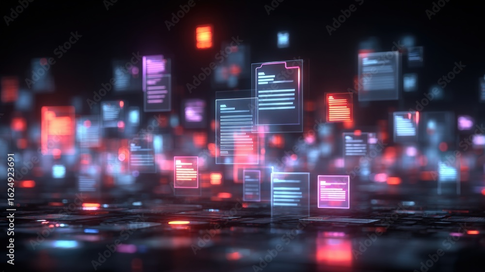 Poster abstract network grid with files and folders, futuristic software interface, digital document manage
