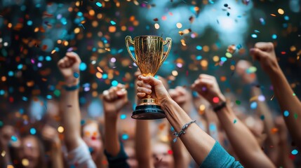 Cartoon hands raising golden trophy with confetti, symbolizing teamwork and achievement