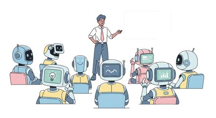 Robotics conference with a human lecturer presenting to a diverse group of robot attendees in an