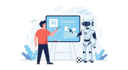 Fototapeta premium Futuristic collaboration: human and robot strategizing with artificial intelligence assistance and