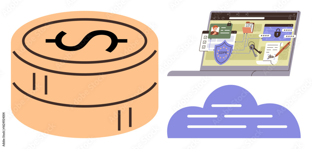 Poster coin stack next to a laptop displaying cybersecurity and cloud storage elements. ideal for finance, 