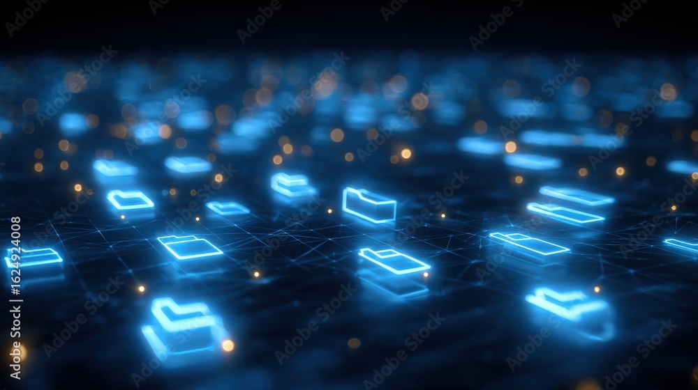 Poster abstract network grid with files and folders, futuristic software interface, digital document manage