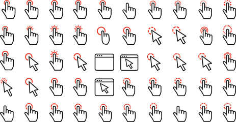Click gesture and pointer icon set in red highlights, digital UX UI interface symbols, minimal style, cad drawing flat vector illustration