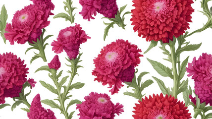 Seamless pattern of vivid pink and red layered flowers with green leaves on white background