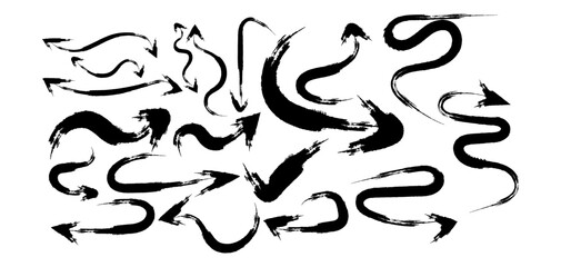 Abstract black grunge arrows created with bold brush strokes on a white background. This hand painted set includes curved, wavy, and artistic directional arrows , for presentations, infographics.