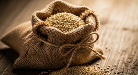 Rustic burlap sack filled with wholesome grains displayed on weathered wooden surface emphasizing