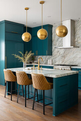 A modern kitchen with Transformative Teal (#306263) cabinets, marble backsplash, and gold pendant lights, showcasing a modern, luxurious style with a Transformative Teal (#306263) color scheme.