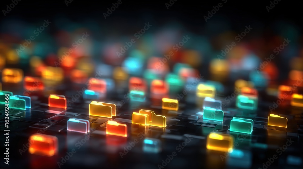 Poster abstract network grid with files and folders, futuristic software interface, digital document manage