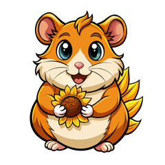 Adorable cartoon hamster with big blue eyes holding a bright yellow sunflower with a happy expression
