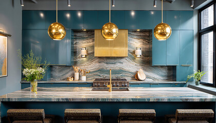 A modern kitchen with Transformative Teal (#306263) cabinets, marble backsplash, and gold pendant lights, showcasing a modern, luxurious style with a Transformative Teal (#306263) color scheme.