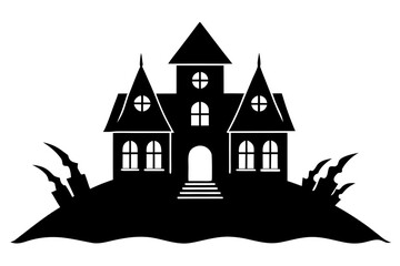 Spooky black silhouette of a haunted mansion with jagged spikes on a white background