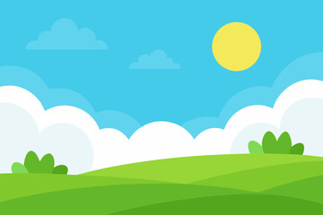 Stylized green rolling hills under a bright blue sky with fluffy white clouds and a yellow sun