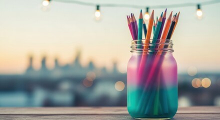 Vibrant colored pencils in a painted mason jar against a soft cityscape backdrop