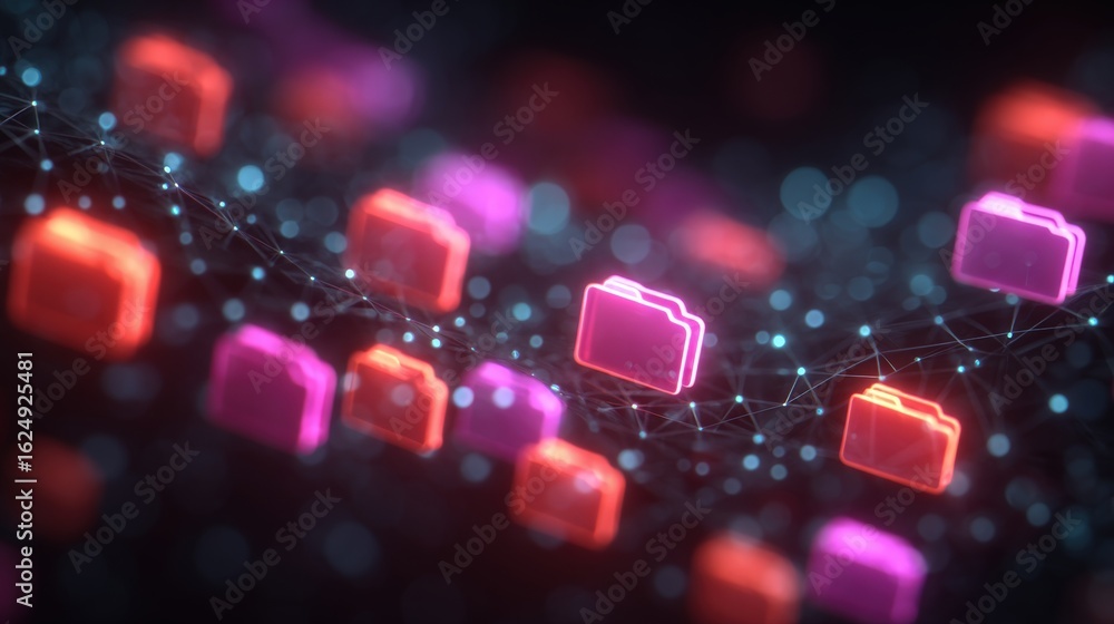 Poster abstract network grid with files and folders, futuristic software interface, digital document manage