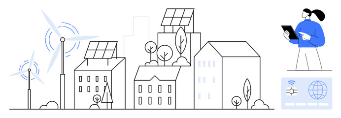 Fototapeta premium Modern cityscape featuring solar panels, wind turbines, greenery, and buildings, accompanied by an individual analyzing data. Ideal for renewable energy, sustainability, smart technology, urban