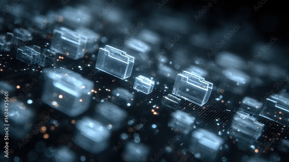 Poster abstract network grid with files and folders, futuristic software interface, digital document manage
