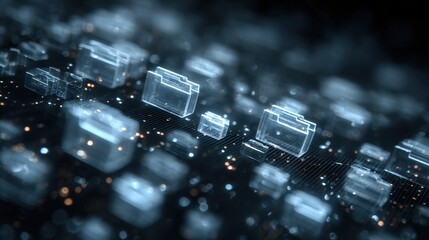 Abstract network grid with files and folders, futuristic software interface, digital document management system, store, search and organize documents, corporate business, paperless office