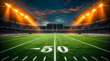 American football stadium under glowing floodlights with dramatic evening sky and 50-yard line
