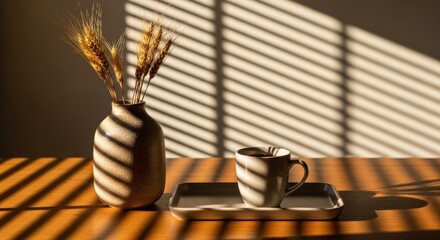 Golden hour symphony: a tranquil still life with wheat, coffee, and dancing shadows creating an