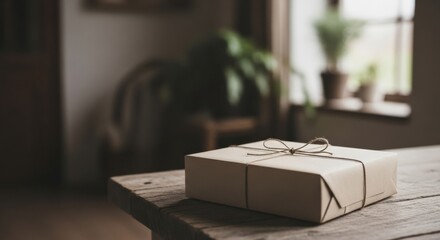 Gift presentation elegantly wrapped on rustic wooden table amidst serene interior lighting