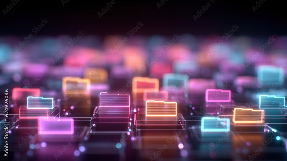 Poster abstract network grid with files and folders, futuristic software interface, digital document manage