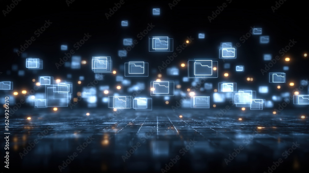 Poster abstract network grid with files and folders, futuristic software interface, digital document manage