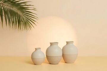 Three minimalist ceramic vases with a textured finish displayed on a light peach surface with soft shadow casting from a palm frond above