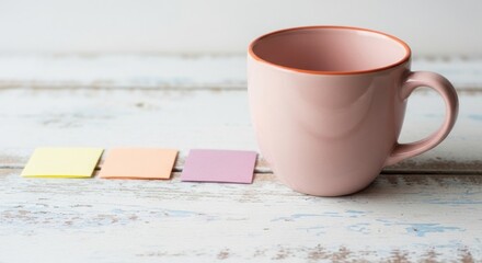 Soft pastel morning: ceramic mug with notes on aged wooden surface evokes quiet contemplation