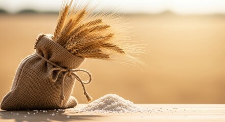 Golden harvest: Wheat stalks in burlap sack, rice pile symbolising abundance and nourishment