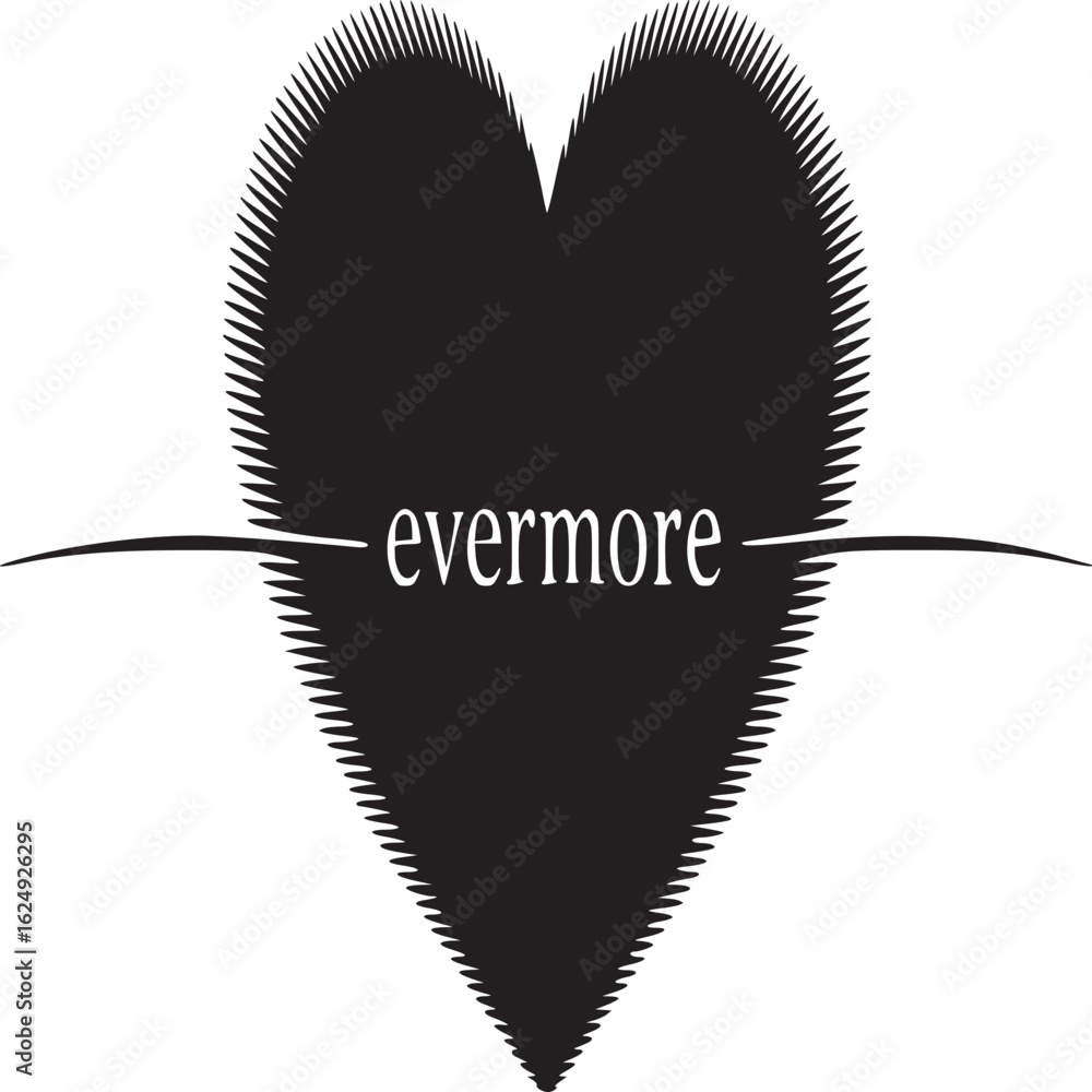 Poster a black heart with the word evermore in the middle on a white background in a simple design style