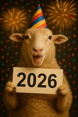 A sheep with party hat holds a 2026 sign, celebrating a new year with festive fireworks in a fun celebration.