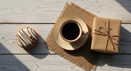 Morning composition featuring coffee, delectable pastry, and a wrapped present on wood table