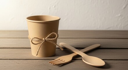 Eco-Friendly Tableware: Rustic Wooden Utensils and Biodegradable Paper Cup Arrangement
