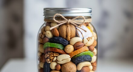 Artisanal mason jar containing a diverse array of assorted nuts and dried fruits