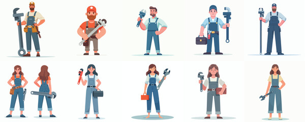  Set of Male and Female Plumber Characters in Overalls with Tools