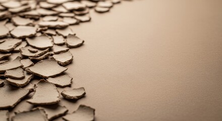 Terracotta shards scattered gracefully alongside a smooth, neutral-toned backdrop creating
