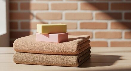 Tranquil Spa Day: Neatly Stacked Towels with Pastel Soaps Against a Brick Backdrop