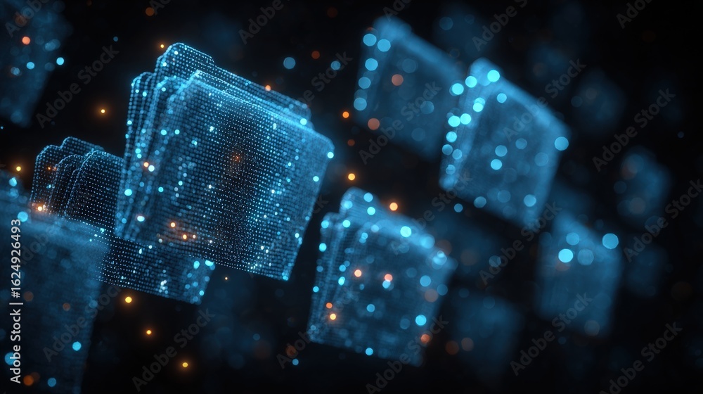 Poster abstract network grid with files and folders, futuristic software interface, digital document manage