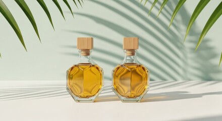Sunlit decanters of amber liquid with a tropical leaf motif conveying a sense of calm and luxury