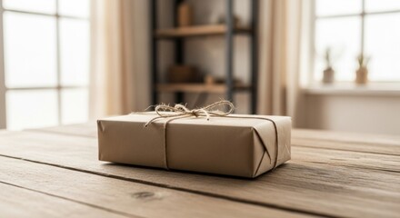 Elegantly wrapped gift box on a wooden table casting a soft glow in the neutral background