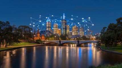 Melbourne's Connected Skyline: A Nighttime Panorama of Modern Cityscape and Networked Technology