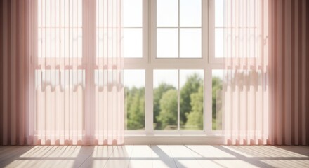 Gentle morning sunlight filters through sheer peach curtains in a tranquil room setting