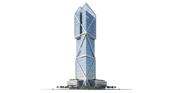 View of a modern skyscraper with geometric design style    .ai generative, transparent background, white background. isolated on white background, png, jpeg, jpg. - Powered by Adobe