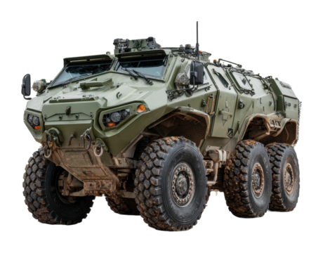 Military vehicle maneuvering combat zone high-resolution urban environment side view defense concept isolated on transparent background