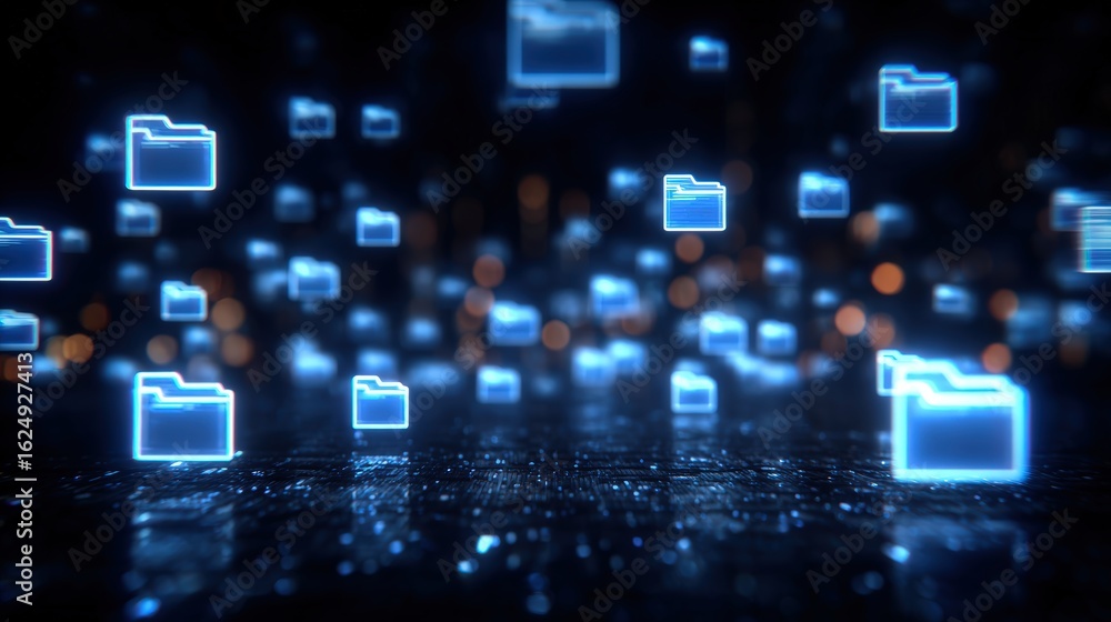 Poster abstract network grid with files and folders, futuristic software interface, digital document manage