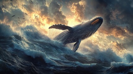 Whale breaching the ocean waves at sunset, dramatic sky