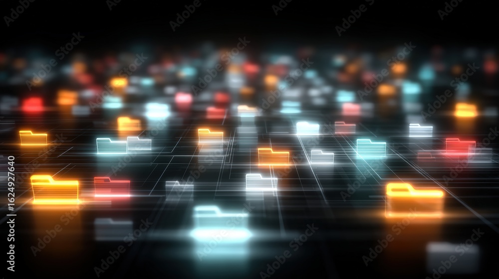 Poster abstract network grid with files and folders, futuristic software interface, digital document manage