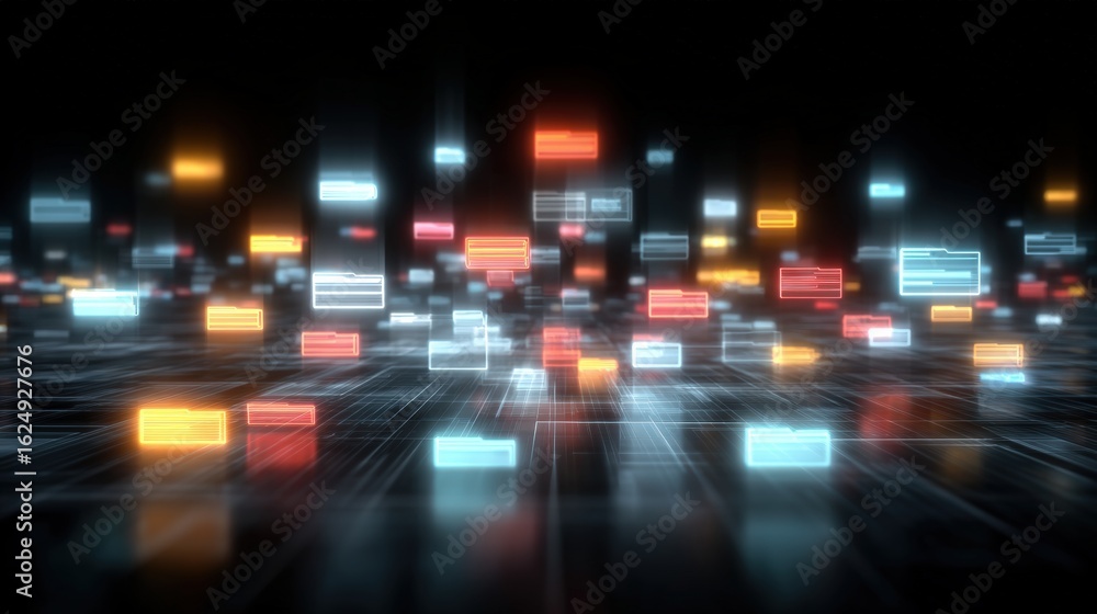 Poster abstract network grid with files and folders, futuristic software interface, digital document manage