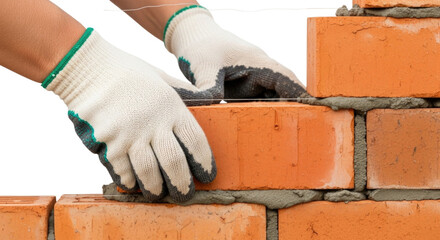 Hands wearing gloves stacking orange bricks with mortar for construction project transparent background, cutout PNG