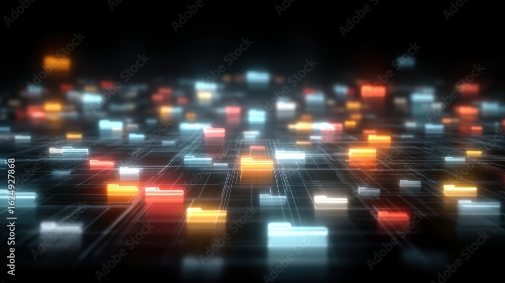 Poster abstract network grid with files and folders, futuristic software interface, digital document manage